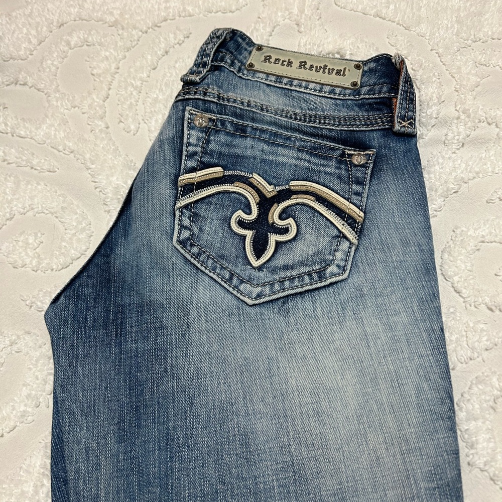 Rock Revival Blue Boot Cut Jeans with Vintage Wash
